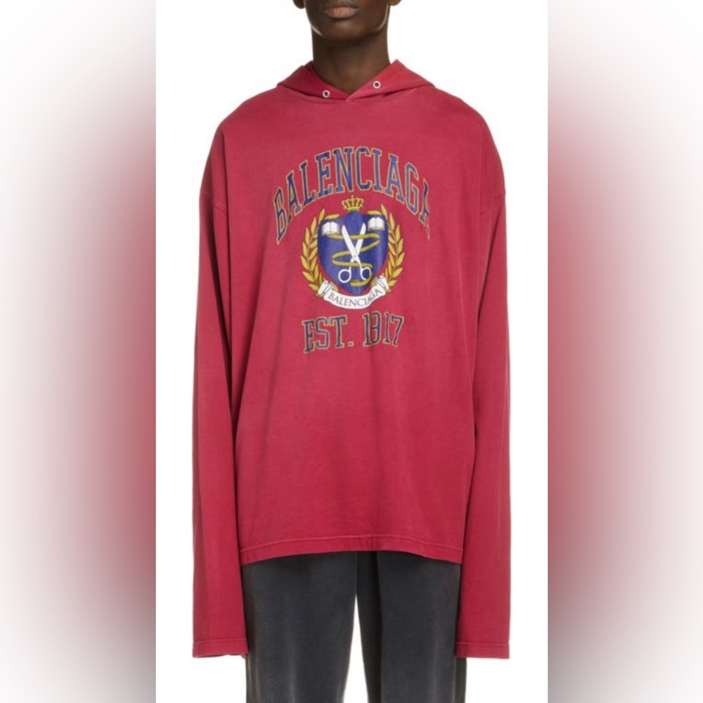Balenciaga oversized fit college graphic hooded long sleeve tee, Sz 2,3